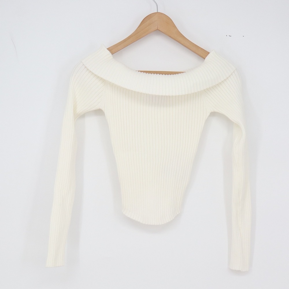 Edikted Top Womens S Off The Shoulder Ribbed Knit Cream Long Sleeve Excellent